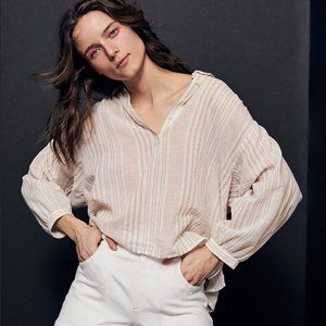 Madewell Striped Gauze Drop Shoulder Popover Top Cotton Quarter Button